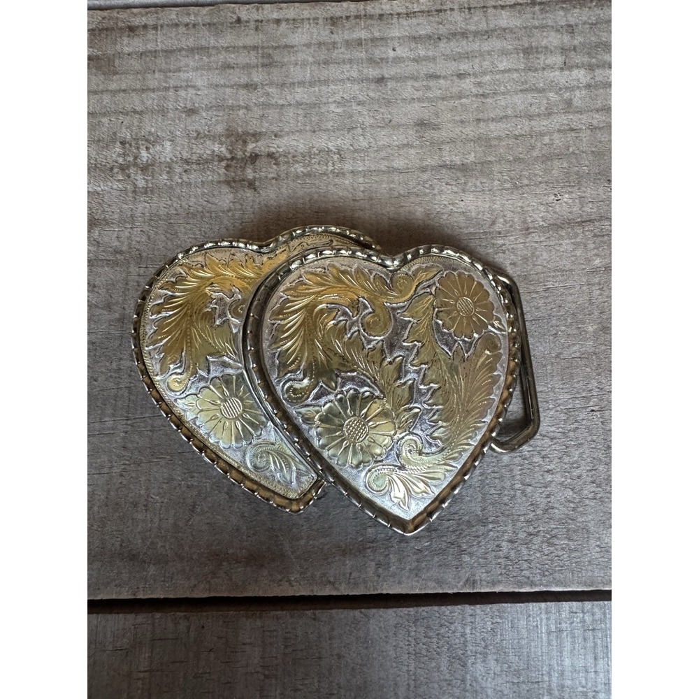 vintage DOUBLE HEARTS belt buckle USA made WESTERN engraved FLORAL golden silver